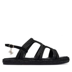 Sandały Guess. Czarne sandały damskie Guess, z aplikacjami, bez obcasa, na płaskiej podeszwie, bez zapięcia. Za 549.99 zł.