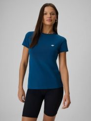 4F T-shirt slim gładki damski - turkusowy S. Niebieskie t-shirty damskie 4f, s, bez wzorów, z bawełny, klasyczne, bez kołnierzyka. Za 39.99 zł.