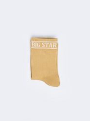 Skarpety damskie w prążek z napisem BIG STAR beżowe Marcolia 801. Brązowe skarpety damskie Big Star, z aplikacjami, z materiału. W wyprzedaży za 9.99 zł.