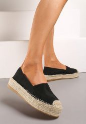 Czarne Casualowe Espadryle na Grubej Podeszwie Ozdobionej Plecionką Honorelle. Czarne espadryle damskie Renee, na lato, bez wzorów, z jeansu, bez obcasa, bez zapięcia. Za 44.99 zł.