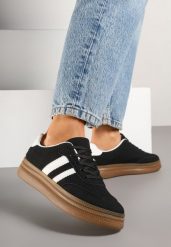 Czarne Sneakersy Tenisówki Ozdobione Paskami i Perforacją Jenadira. Czarne trampki i tenisówki damskie Renee, bez wzorów, z jeansu, klasyczne, bez zapięcia. Za 74.99 zł.