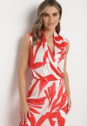 Biało-Czerwona Bluzka Top z Kopertowym Dekoltem w Abstrakcyjny Print Lumiana. Czerwone bluzki damskie Born2be, l, bez wzorów, z materiału, eleganckie, bez kołnierzyka, bez ramiączek. Za 79.99 zł.