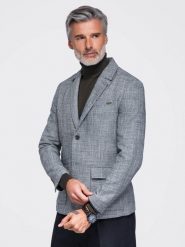 Marynarka męska o kroju REGULAR z lnem - grafitowa V5 - Rozmiar: M. Czarne marynarki męskie Ombre Clothing, bez wzorów, z jeansu, biznesowe. Za 419.99 zł.