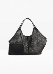 Torebka z siateczki z wyjmowaną szaszetką wewnętrzną. Czarne torebki shopper damskie bonprix, bez wzorów, eleganckie, bez dodatków. Za 112.99 zł.