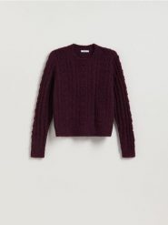 Sweter z dodatkiem wełny - ciemnofioletowy. Fioletowe swetry damskie Reserved, l, bez wzorów, z dzianiny, bez kołnierzyka, bez ramiączek, bez kaptura. Za 119.99 zł.