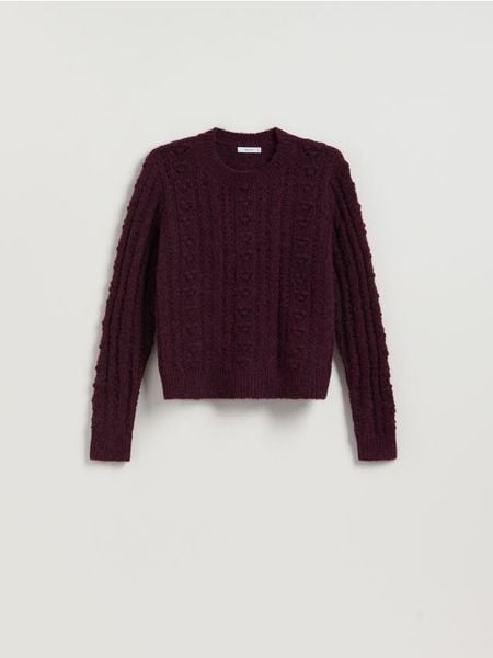 Sweter z dodatkiem wełny - ciemnofioletowy. Fioletowe swetry damskie Reserved, l, bez wzorów, z dzianiny, bez kołnierzyka, bez ramiączek, bez kaptura. Za 119.99 zł.