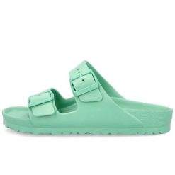 Klapki Birkenstock Arizona Eva Bold Jade Damskie. Zielone klapki damskie Birkenstock, bez wzorów, z materiału, bez obcasa. Za 358.00 zł.