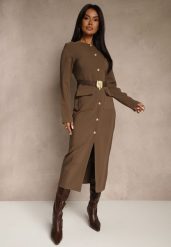 Brązowa Taliowana Sukienka z Eleganckimi Guzikami i Metaliczną Klamrą Espedia. Brązowe sukienki damskie Renee, do pracy, l, bez wzorów, biznesowe, bez kołnierzyka, bez ramiączek, maxi. Za 139.99 zł.