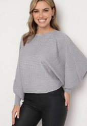 Szary Sweter z Wiskozą Typu Nietoperz Sallindria. Szare swetry damskie Born2be, m, bez wzorów, z jeansu, eleganckie, bez kołnierzyka, bez ramiączek, długie, bez kaptura. Za 64.99 zł.
