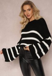 Czarny Sweter z Dzianiny w Paski z Obszernymi Rękawami Gotara. Czarne swetry damskie Renee, bez wzorów, z dzianiny, casualowe, bez kołnierzyka, bez ramiączek, bez kaptura. Za 79.99 zł.