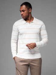 Męski longsleeve polo w poziome paski z wiskozą biało-beżowy V4 OM-POLS-0146 M. Białe bluzki z długim rękawem męskie Ombre, bez wzorów, z wiskozy. Za 317.70 zł.