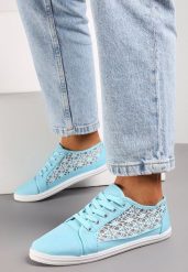 Niebieskie Tenisówki z Ażurowymi Wstawkami Po Bokach Salessa. Niebieskie obuwie sportowe damskie Renee, w ażurowe wzory, z jeansu, bez zapięcia. Za 39.99 zł.