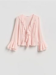 Koszula z falbanami - pastelowy róż. Czerwone koszule damskie Reserved, l, bez wzorów, z bawełny, bez kołnierzyka, bez ramiączek. Za 139.99 zł.