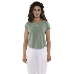 Koszulka z bawełna na co dzień na siłownię. Zielone koszulki sportowe damskie LEONE 1947 APPAREL, bez wzorów, z bawełny, na fitness i siłownię. W wyprzedaży za 82.10 zł.
