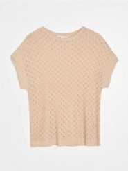 Ażurowa bluzka swetrowa - złoty. Żółte bluzki damskie Sinsay, l, w ażurowe wzory, bez kołnierzyka, bez ramiączek. Za 39.99 zł.