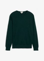 Cienki sweter z wysokogatunkową wełną merino. Niebieskie swetry przez głowę męskie bonprix, m, bez wzorów, z bawełny, bez kołnierzyka. Za 127.99 zł.