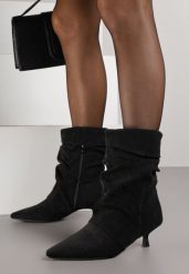 Czarne Botki do Kostki na Kaczuszce z Marszczoną Cholewką Rasela. Czarne botki damskie Renee, z zamszu, boho, bez obcasa, na obcasie, bez zapięcia. Za 149.99 zł.