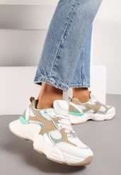 Biało-Beżowe Sneakersy ze Wstawkami Metalicznymi i Siateczką na Grubej Podeszwie Riliera. Białe obuwie sportowe damskie Renee, bez wzorów. Za 89.99 zł.