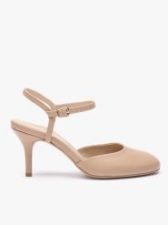 Beżowe czółenka slingback bez pięty ze skóry licowej. Brązowe czółenka damskie Ryłko, z aplikacjami, z gumy, eleganckie, z okrągłym noskiem, bez obcasa, na obcasie, bez zapięcia. Za 379.99 zł.