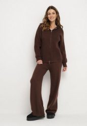 Brązowy Komplet z Wełną i Bawełną Szerokie Spodnie i Rozpinana Bluzka z Kapturem Reikania. Brązowe bluzki damskie Born2be, l, bez wzorów, z bawełny, casualowe, bez kołnierzyka, bez ramiączek. Za 139.99 zł.