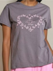 Koszulka z nadrukiem - szary. Szare t-shirty damskie Sinsay, l, bez wzorów, z bawełny, bez kołnierzyka. W wyprzedaży za 6.99 zł.