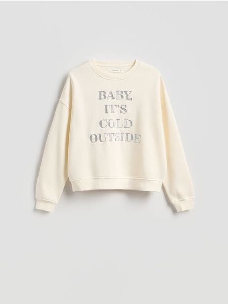 Bluza z haftowanym napisem - złamana biel. Bluzy damskie Reserved, l, bez wzorów, z bawełny, bez kaptura. Za 99.99 zł.