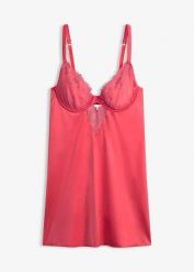 Koszulka babydoll z materiału z połyskiem i błyszczącym haftem w kwiaty. Czerwone koszule nocne damskie bonprix, bez wzorów. Za 54.99 zł.