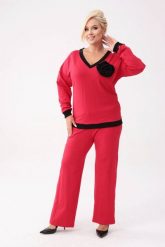 Bawełniany czerwony komplet dresowy Comfy - bluza z różą + długie spodnie PLUS SIZE XXL OVERSIZE JESIEŃ. Czerwone bluzy sportowe damskie Moda Size Plus Iwanek, plus size, z aplikacjami, z bawełny, trekkingowe. Za 349.90 zł.