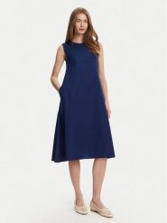 Selmark Sukienka letnia BL495 Granatowy Regular Fit. Niebieskie sukienki damskie Selmark, na lato, l, bez wzorów, z bawełny, bez kołnierzyka, bez ramiączek. Za 139.99 zł.