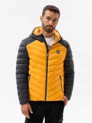 Nylonowa dwukolorowa pikowana kurtka męska w stylu sportowym – musztardowa V3. Kurtki męskie Ombre Clothing, m, z aplikacjami, z materiału. W wyprzedaży za 79.99 zł.