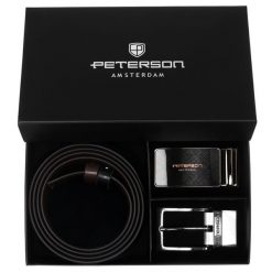 Zestaw prezentowy: dwustronny pasek skórzany w brązowym i czarnym kolorze z dwoma wymiennymi klamrami Peterson PTN KL-B001S001. Brązowe paski damskie Peterson, bez wzorów, ze skóry, eleganckie. Za 139.99 zł.