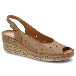Sandały damskie Pollonus, wykonane ze skóry naturalnej licowej z ażurową perforacją na cholewce wsuwaną konstrukcją z odkrytą piętą i podeszwą na kot. Brązowe sandały damskie Pollonus, w ażurowe wzory, z jeansu, bez obcasa, na koturnie, bez zapięcia. Za 155.00 zł.