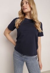 Granatowy T-shirt z Bawełny z Dłuższym Tyłem i Rozcięciami po Bokach Cordalea. Niebieskie bluzki damskie Born2be, m, bez wzorów, z bawełny, eleganckie, bez kołnierzyka, bez ramiączek. Za 39.99 zł.