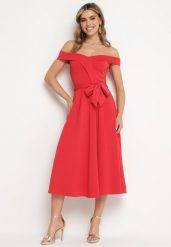 Czerwona Elegancka Sukienka o Fasonie Hiszpanki z Materiałowym Paskiem Xaelia. Czerwone sukienki damskie Born2be, na spotkanie biznesowe, l, bez wzorów, z materiału, eleganckie, bez kołnierzyka, bez ramiączek, midi. Za 129.99 zł.