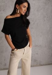 Czarny T-shirt z Bawełny z Dekoltem Łódką i Drapowaniem w Pasie Savalira. Czarne bluzki damskie Renee, m, bez wzorów, z bawełny, klasyczne, bez kołnierzyka. Za 54.99 zł.