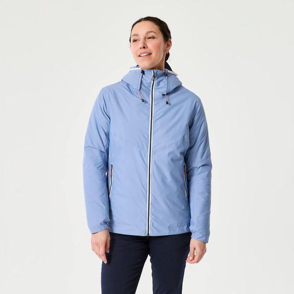 Ciepła kurtka żeglarska damska Decathlon 100. Niebieskie kurtki damskie TRIBORD, l, bez wzorów, z materiału, z kapturem. Za 179.99 zł.