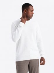 Sweter męski RELAXED FIT z dzianiny o diamentowym splocie złamana biel V1 OM-SWSW-0110 XL. Bluzy męskie Ombre, m, bez wzorów, z dzianiny, bez kaptura. Za 105.88 zł.