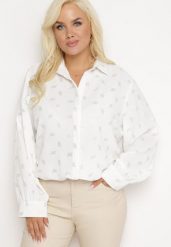 Biała Koszula w Drobny Błyszczący Print Zapinana na Guziki Weminera. Białe bluzki damskie Born2be, l, bez wzorów, bez kołnierzyka, bez ramiączek. Za 39.99 zł.