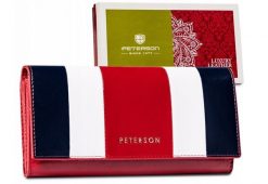Trójkolorowy portfel skórzany Peterson [DH] PTN PL-411-4682 MULT. Czerwone portfele damskie bez wzorów, ze skóry. Za 62.00 zł.