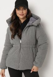 Szara Kurtka Pikowana z Kapturem ze Ściągaczami Torita. Szare kurtki damskie Born2be, l, bez wzorów, z jeansu, z kapturem. Za 289.99 zł.