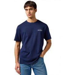 MESKA KOSZULKA WRANGLER GRAPHIC TEE NAVY 112362367. Niebieskie t-shirty męskie Wrangler, m, bez wzorów, bez kołnierzyka. Za 79.99 zł.