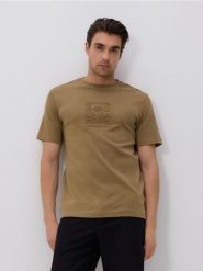 T-shirt regular z aplikacją - oliwkowy. Zielone t-shirty męskie Reserved, l, z aplikacjami, z bawełny, bez kołnierzyka. W wyprzedaży za 39.99 zł.