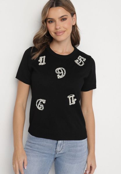 Czarny T-shirt Ozdobiony Naszywkami Perełkami i Cyrkoniami Karavia. Czarne bluzki damskie Born2be, uniwersalny, z aplikacjami, z jeansu, bez kołnierzyka, bez ramiączek. Za 109.99 zł.