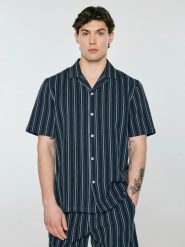 Koszula męska z domieszką lnu w biały prążek granatowa Gofriso 403. Niebieskie koszule męskie Big Star, l, bez wzorów, klasyczne, bez kołnierzyka, bez ramiączek. Za 199.99 zł.