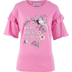 Shirt bawełniany z rękawami 1/2, z kolekcji Maite Kelly bonprix jasnoróżowy z nadrukiem. Czerwone bluzki damskie bonprix, bez wzorów, z bawełny, bez kołnierzyka. Za 19.99 zł.