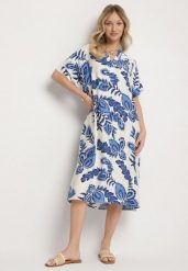 Niebieska Sukienka z Wiskozą i Lnem Pudełkowa z Kieszeniami w Kwiatowy Wzór Boho Natundelia. Niebieskie sukienki damskie Born2be, na co dzień, l, bez wzorów, z jeansu, boho, bez kołnierzyka, bez ramiączek, midi. Za 79.99 zł.
