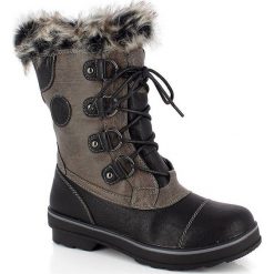 Kozaki zimowe "Maia" w kolorze czarno-brązowym. Brązowe kozaki damskie Kimberfeel, z materiału, bez obcasa. W wyprzedaży za 329.95 zł.