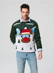 Sweter z motywem świątecznym - zielony. Zielone swetry przez głowę męskie Sinsay, l, bez wzorów, bez kołnierzyka. Za 69.99 zł.
