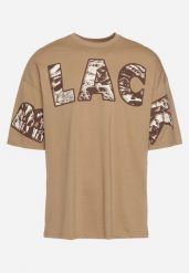 Ciemnobeżowa Bawełniana Koszulka T-shirt z Ozdobnym Nadrukiem Sanestia. Brązowe t-shirty męskie Born2be, m, bez wzorów, z bawełny, eleganckie, bez kołnierzyka. Za 54.99 zł.