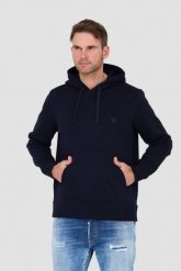 GUESS Granatowa męska bluza z kapturem, Rozmiar L. Niebieskie bluzy męskie Guess, l, z aplikacjami, z kapturem. W wyprzedaży za 247.99 zł.